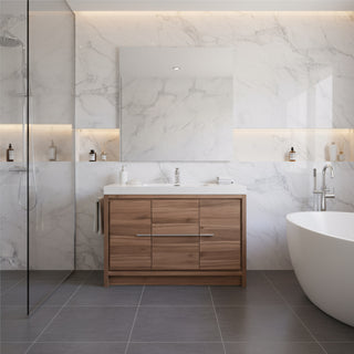 48" Walnut Freestanding Bathroom Vanity with White Polymarble Countertop