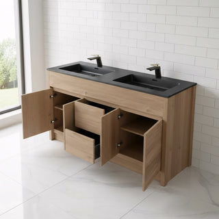 60" Rough Oak Freestanding Double Sink Bathroom Vanity with Black Engineered Quartz Countertop