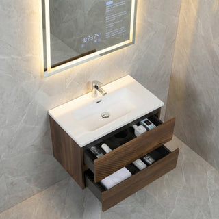 30" Walnut Wall Mount Single Sink Bathroom Vanity with White Polymarble Countertop