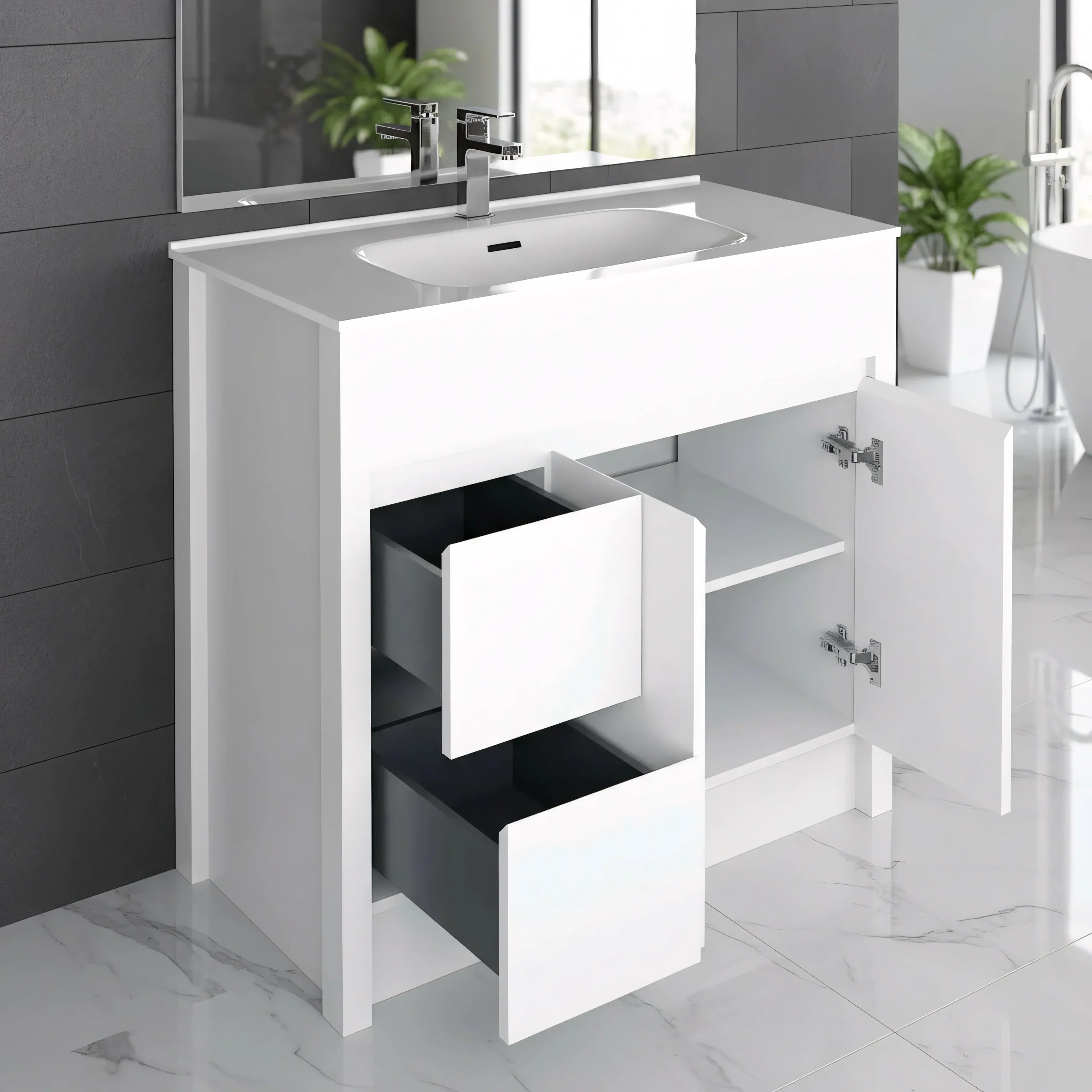 40" Matte White Freestanding Single Sink Bathroom Vanity with White Ceramic Countertop