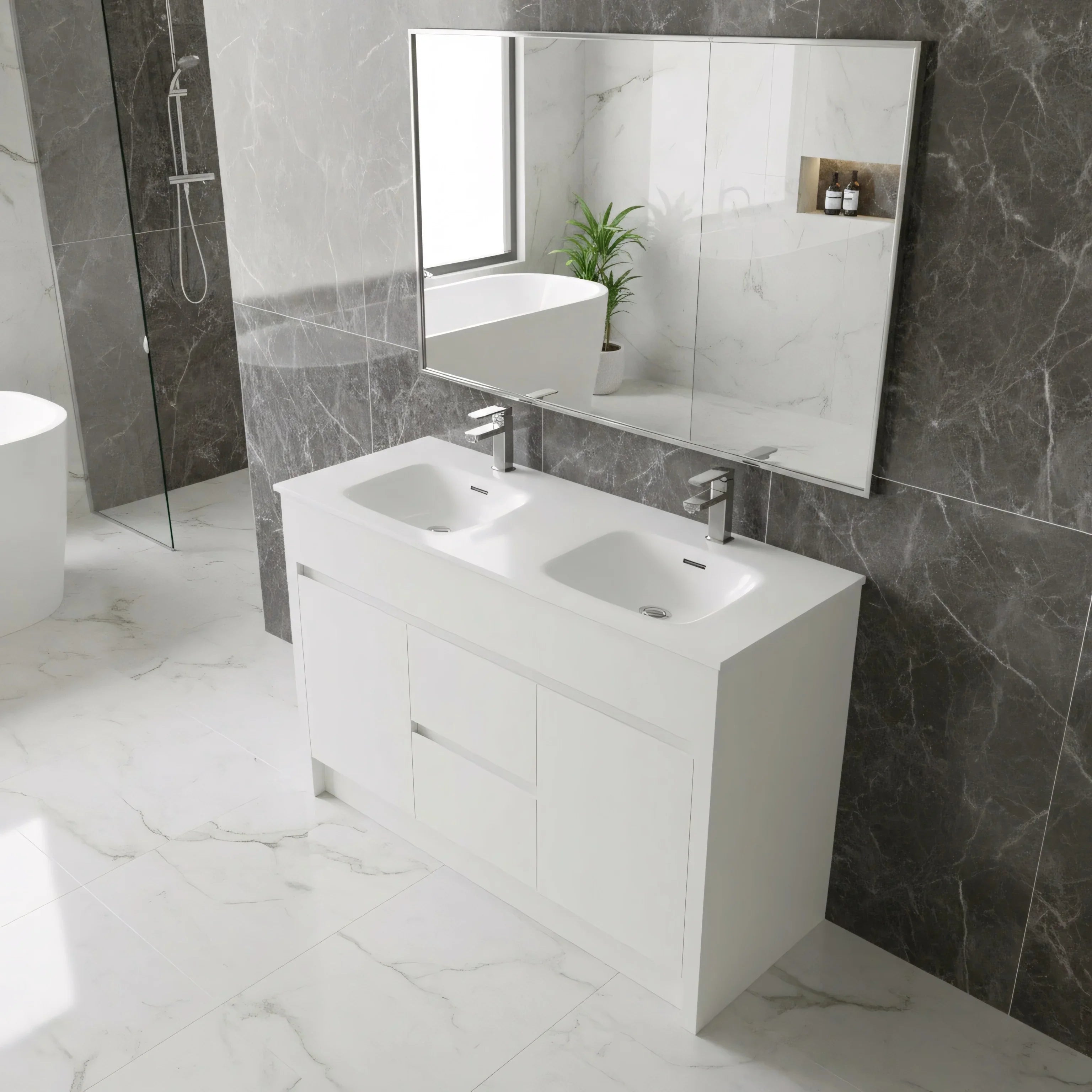 Meuble-Lavabo Autoportant 48po Blanc Mat avec Comptoir de Céramique Blanc