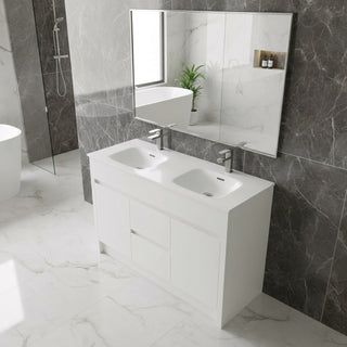 48" Matte White Freestanding Double Sink Bathroom Vanity with White Ceramic Countertop