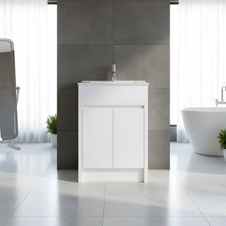 24" White Oak Freestanding Bathroom Vanity with White Ceramic Countertop