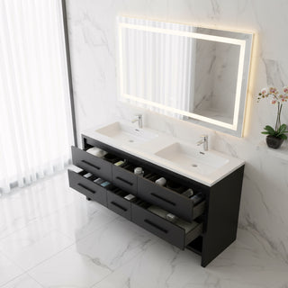 72" Black Rough Oak Freestanding Double Sink Bathroom Vanity with White Polymarble Countertop