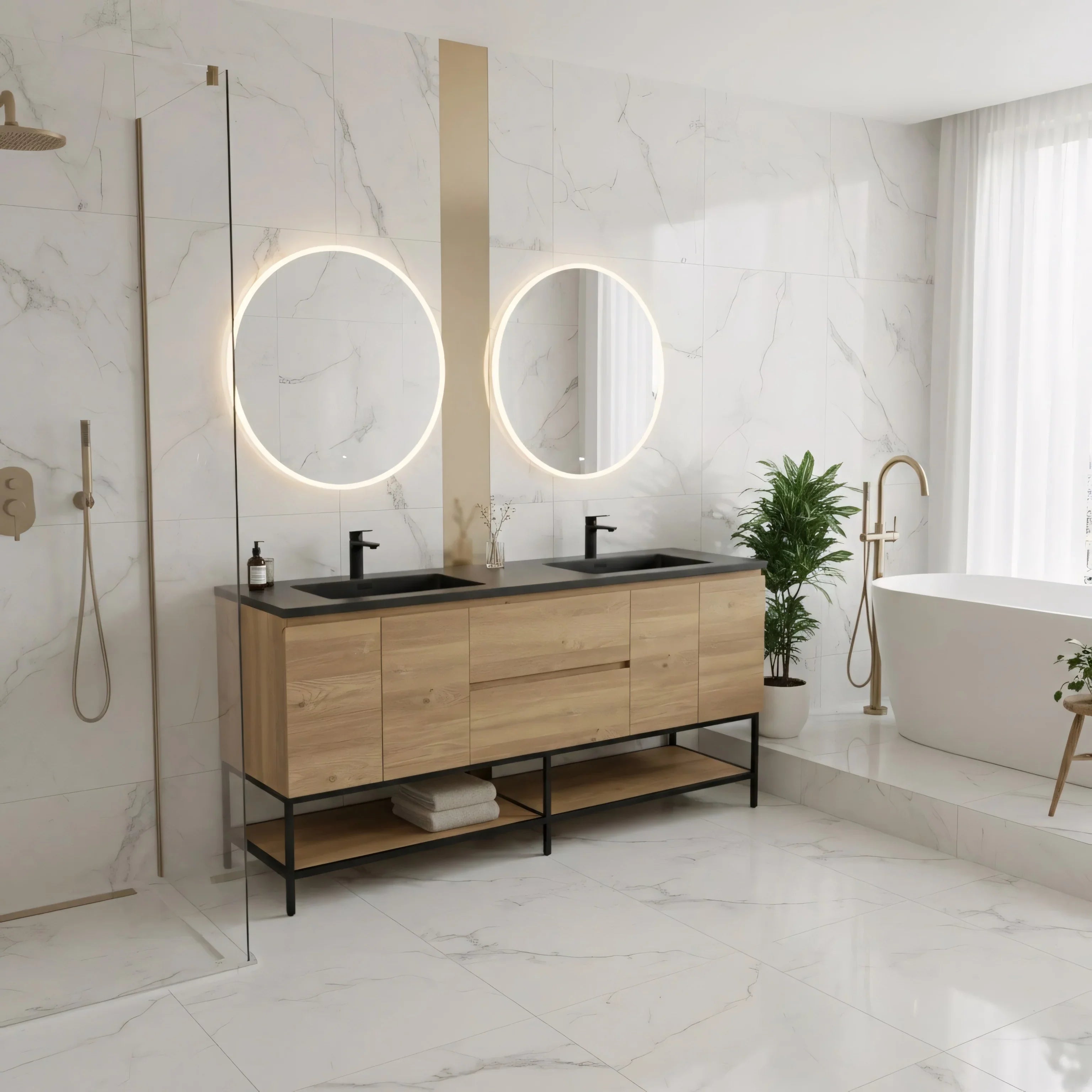 Meuble-Lavabo 72po Chêne Brut avec Comptoir de 72 Quartz Noir Lavabo Double