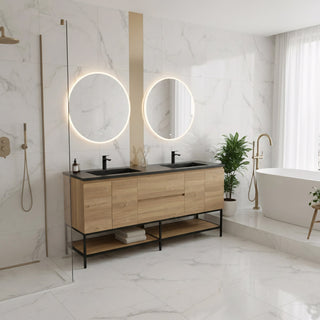 Meuble-Lavabo 72po Chêne Brut avec Comptoir de 72 Quartz Noir Lavabo Double