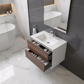 30" Walnut Wall Mount Vanity with White Polymarble Countertop
