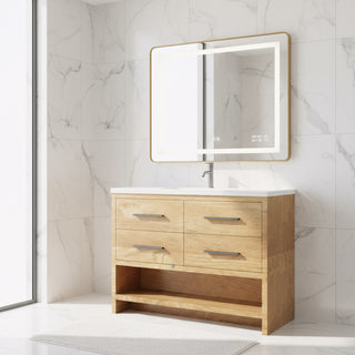 Meuble-lavabo autoportant en chêne brut de 48" avec Comptoir en polymarbre blanc