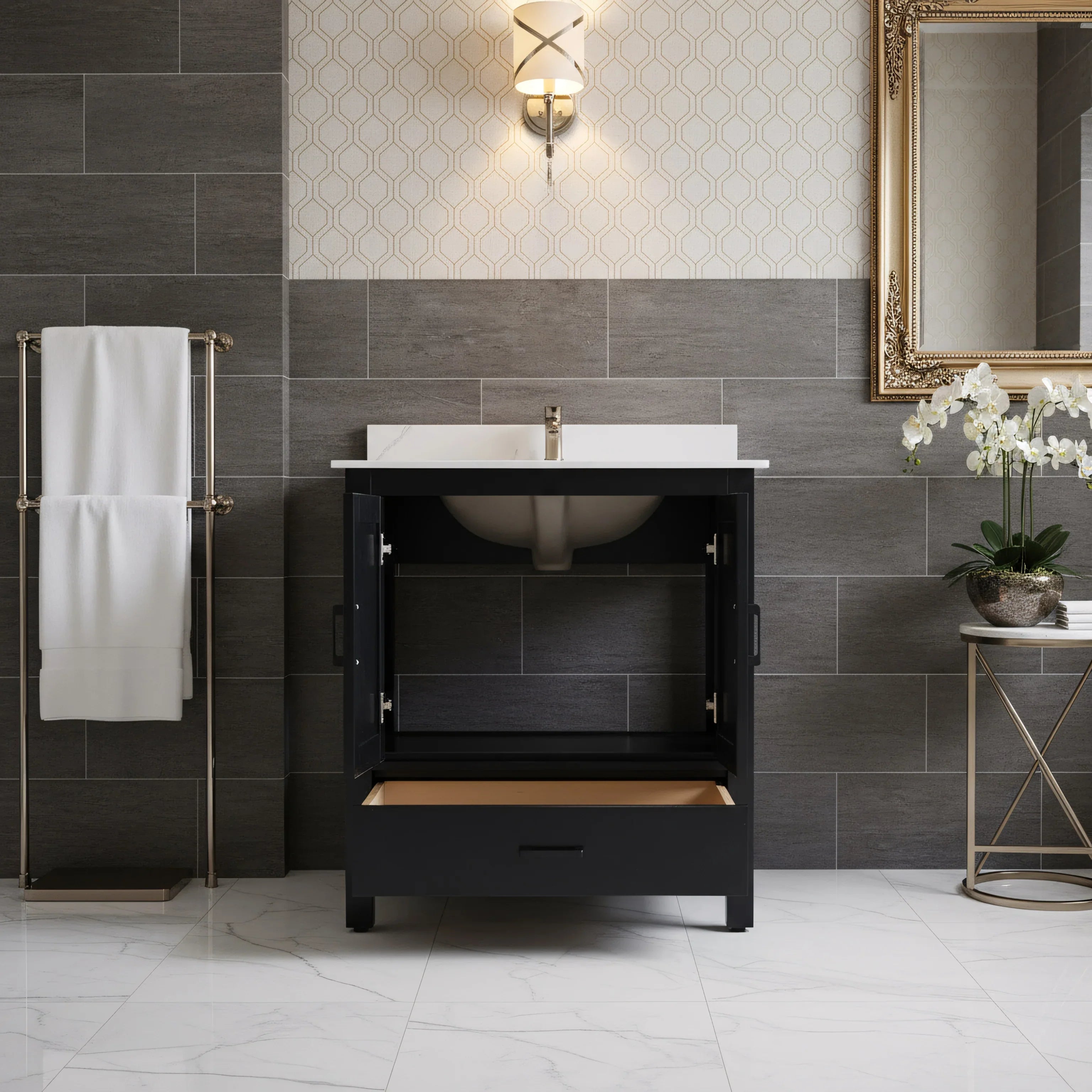 Meuble-lavabo autoportant noir 30" avec Comptoir en marbre Calcutta reconstitué