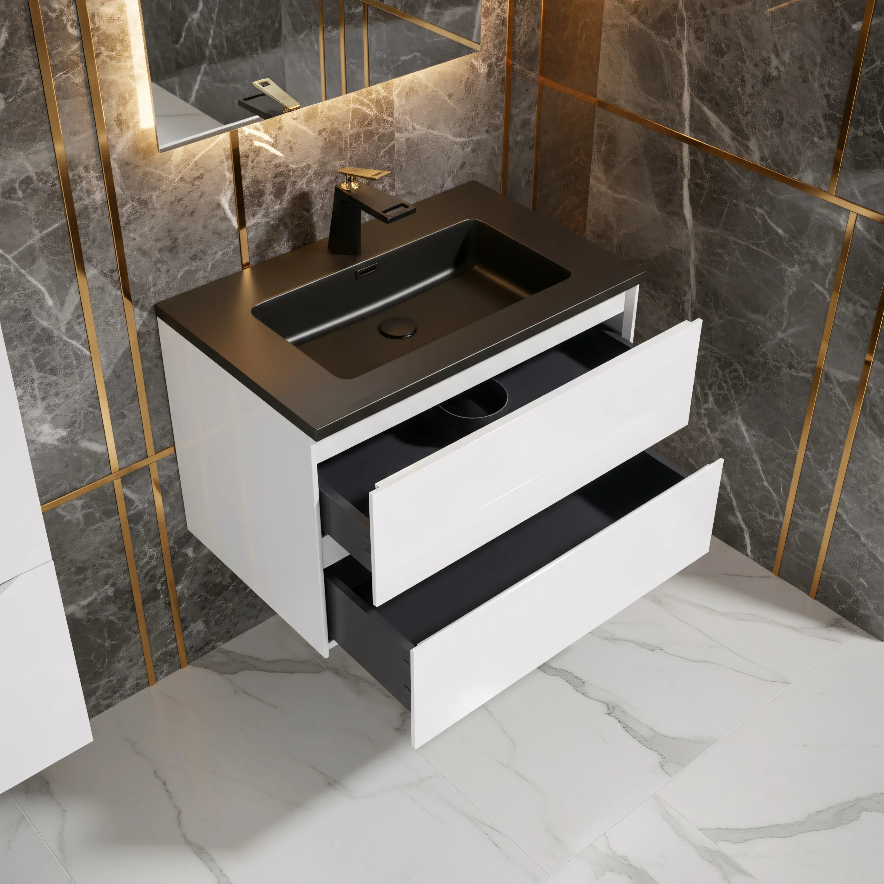 30" White Wall Mount Bathroom Vanity with Black Engineered Quartz Countertop