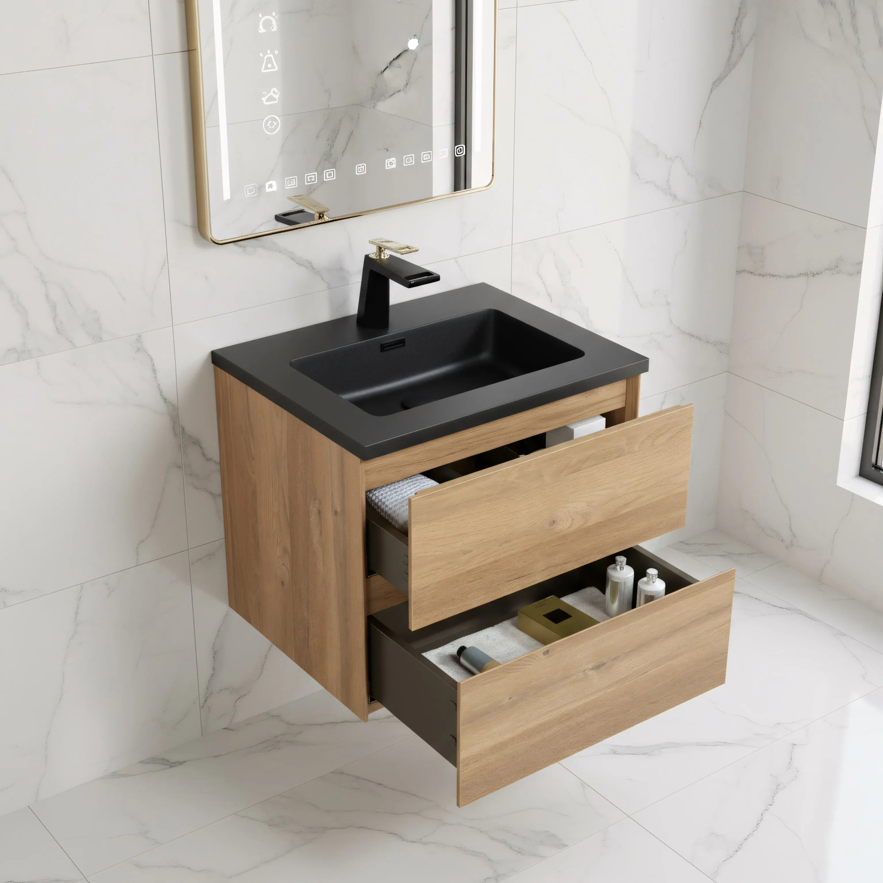 Meuble-Lavabo Mural 24po Chêne Brut avec Comptoir de Quartz d'ingénierie Noir