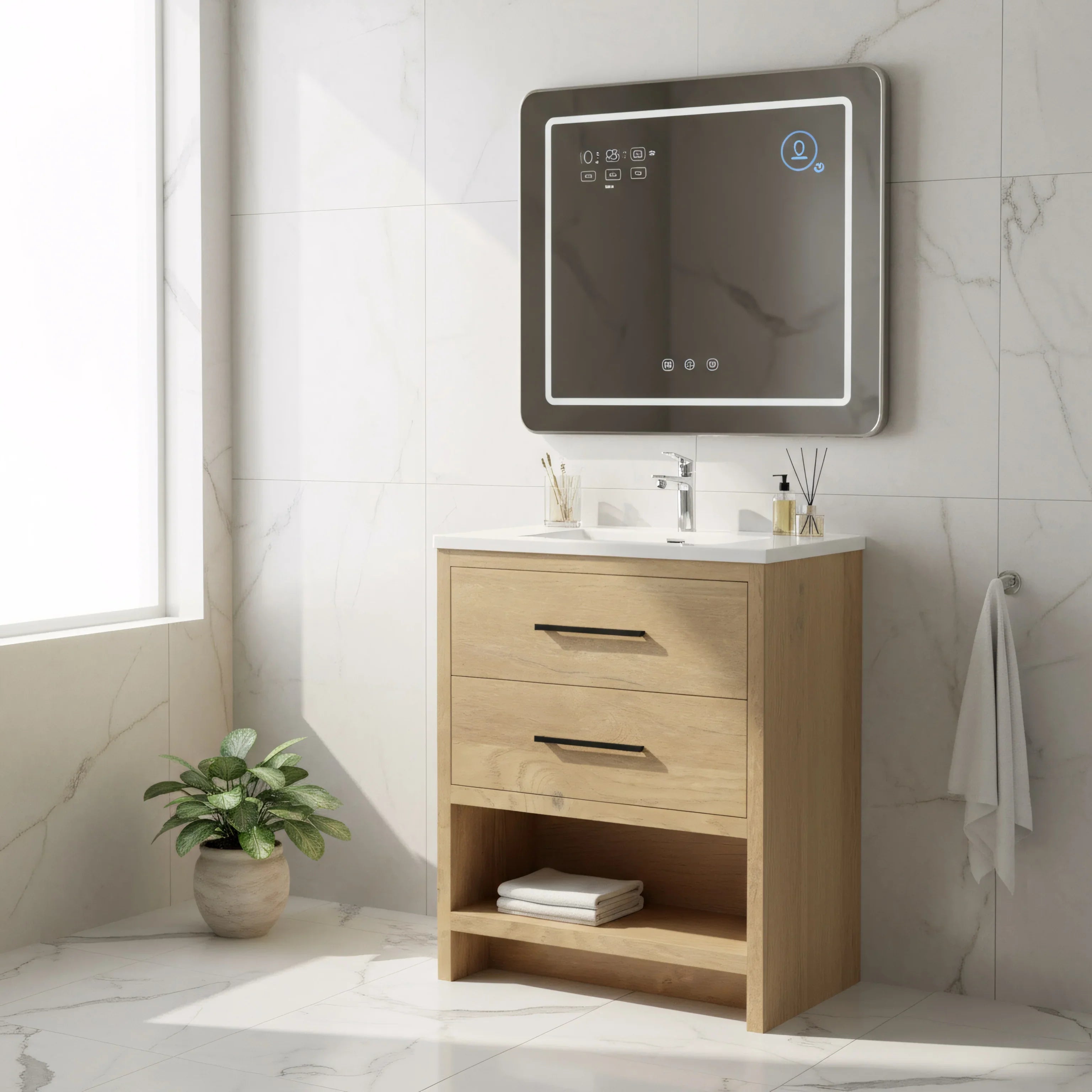 Meuble-lavabo Autoportant 24 po Chêne Brut avec Comptoir en Polymarbre Blanc