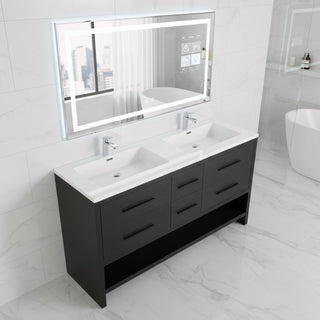 60" Black Oak Freestanding Double Sink Bathroom Vanity with White Polymarble Countertop