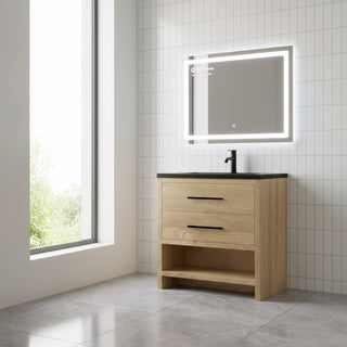 Meuble-lavabo autoportant en chêne brut 36" avec Comptoir en quartz noir reconstitué