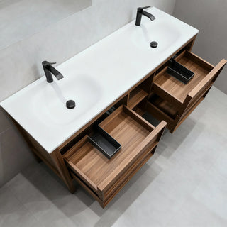 72" Natural Walnut Freestanding Double Sink Bathroom Vanity with White Solid Surface Countertop