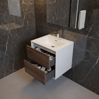 24" Walnut Wall Mount Vanity with White Polymarble Countertop