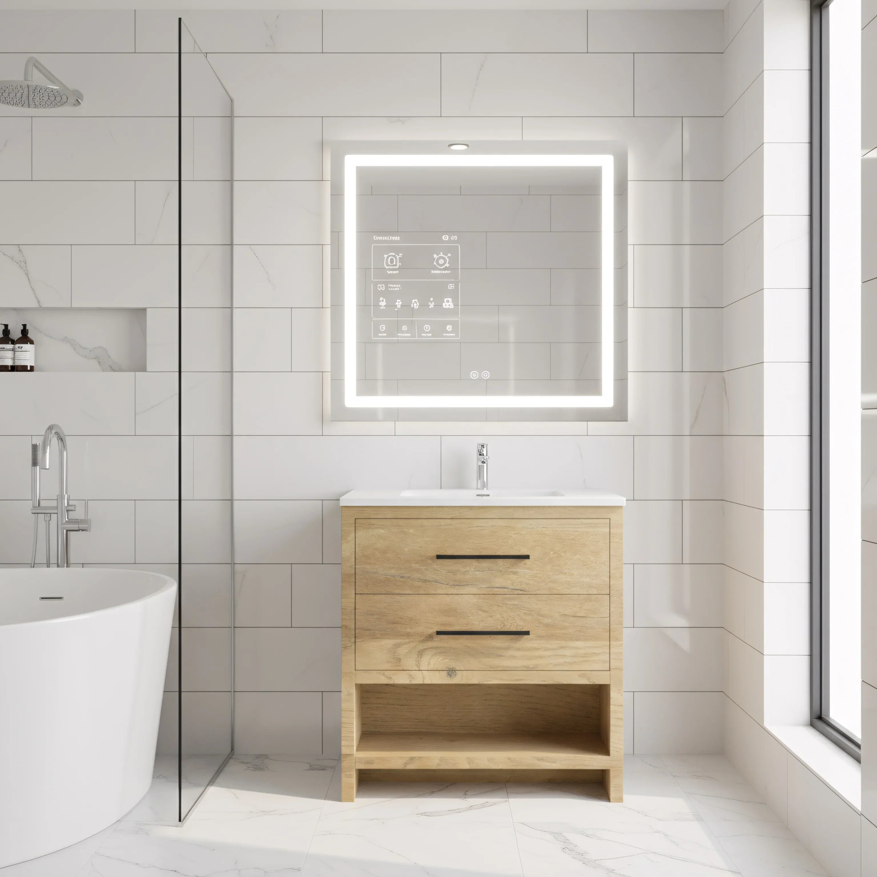 30" Rough Oak Freestanding Bathroom Vanity with White Polymarble Countertop