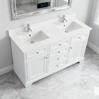 Meuble-Lavabo Autoportant 60po Blanc avec Comptoir de Quartz Blanc Solide
