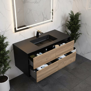 48" Black & Rough Oak Wall Mount Single Sink Bathroom Vanity with Black Engineered Quartz Countertop