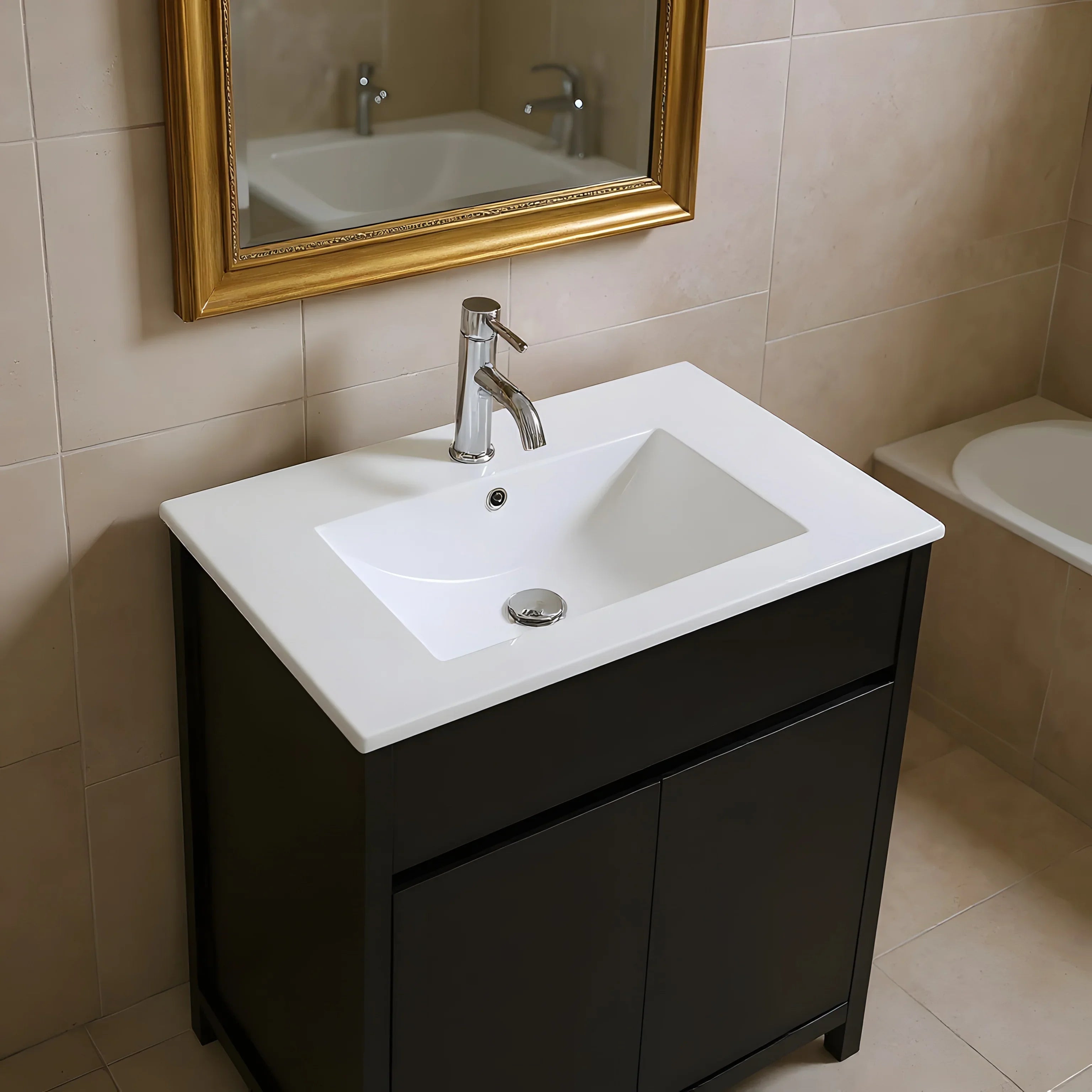 24" Dark Brown Oak Freestanding Bathroom Vanity with White Ceramic Countertop