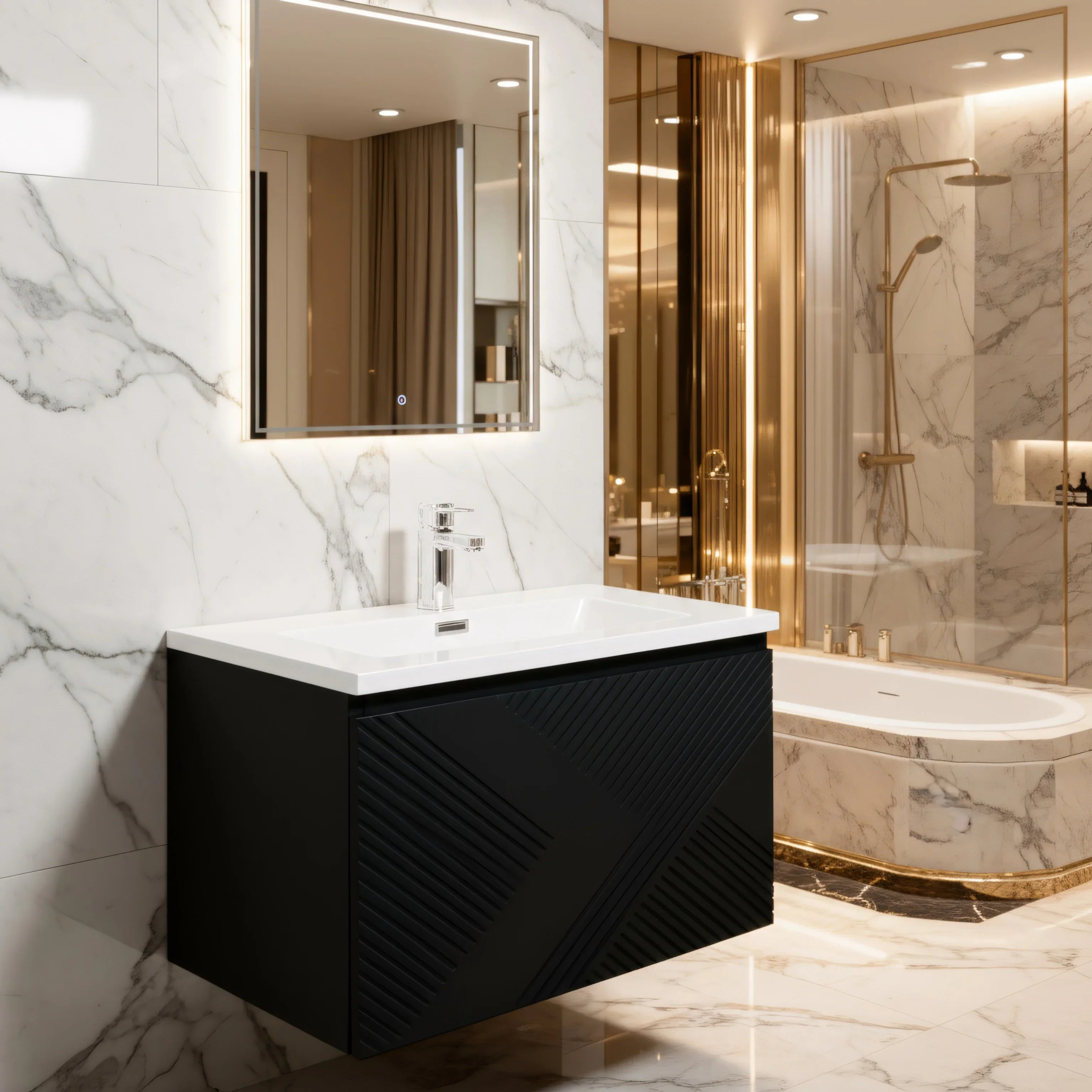 30" Black Wall Mount Bathroom Vanity with White Polymarble Countertop