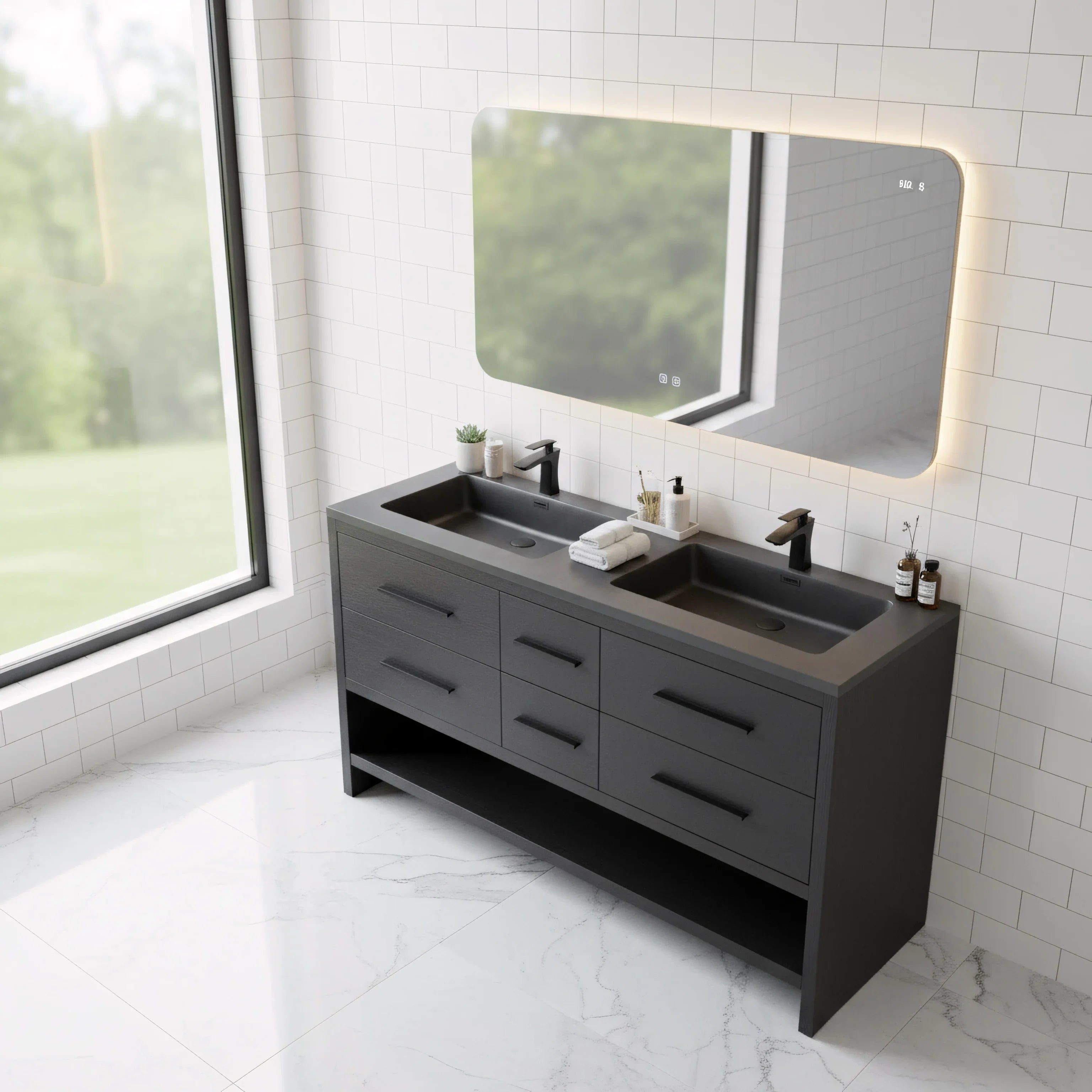 Meuble-lavabo de salle de bain autoportant en chêne brut noir de 72" avec Comptoir en quartz noir reconstitué