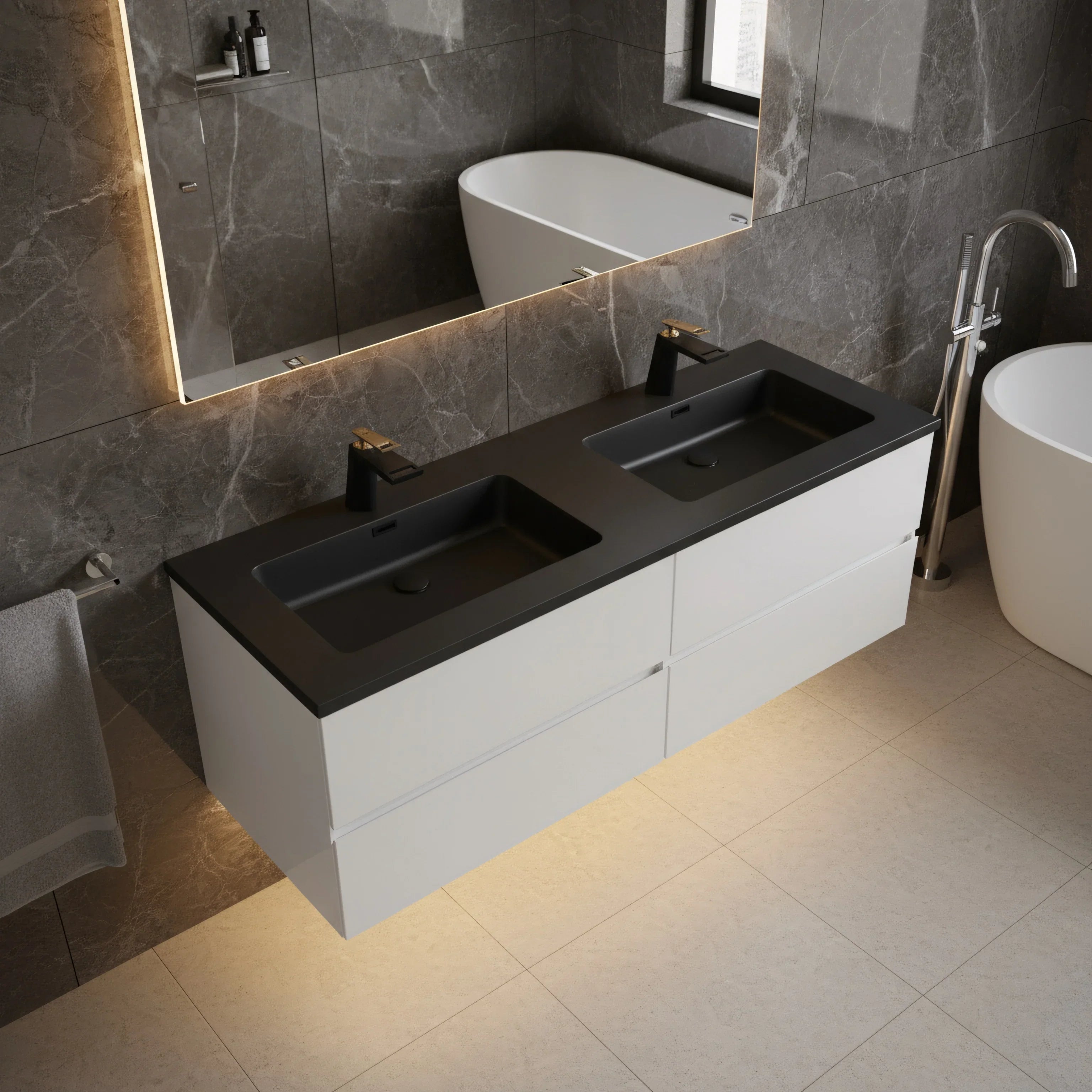 60" White Wall Mount Double Sink Bathroom Vanity with Black Engineered Quartz Countertop