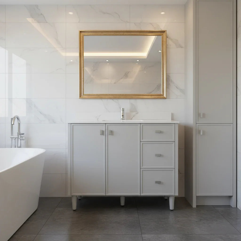 Meuble-Lavabo Autoportant 42po Gris Hampton avec Comptoir de Marbre Ingénierie Calcutta