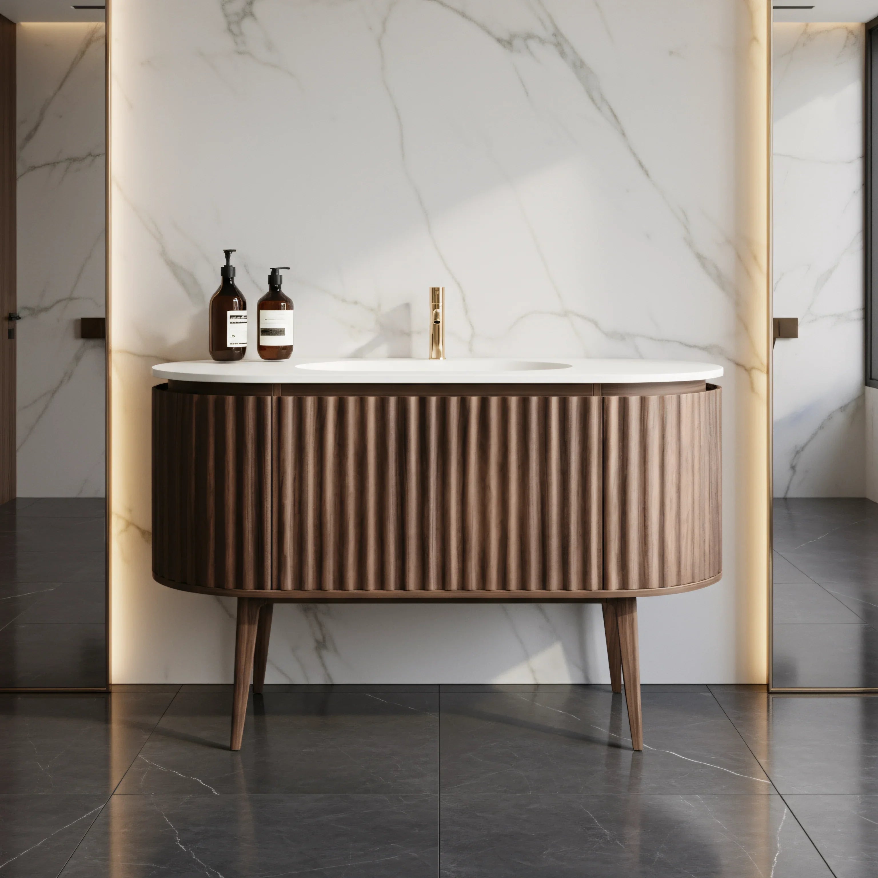 Meuble-lavabo 48 po en noyer courbé et cannelé - Comptoir blanc mat
