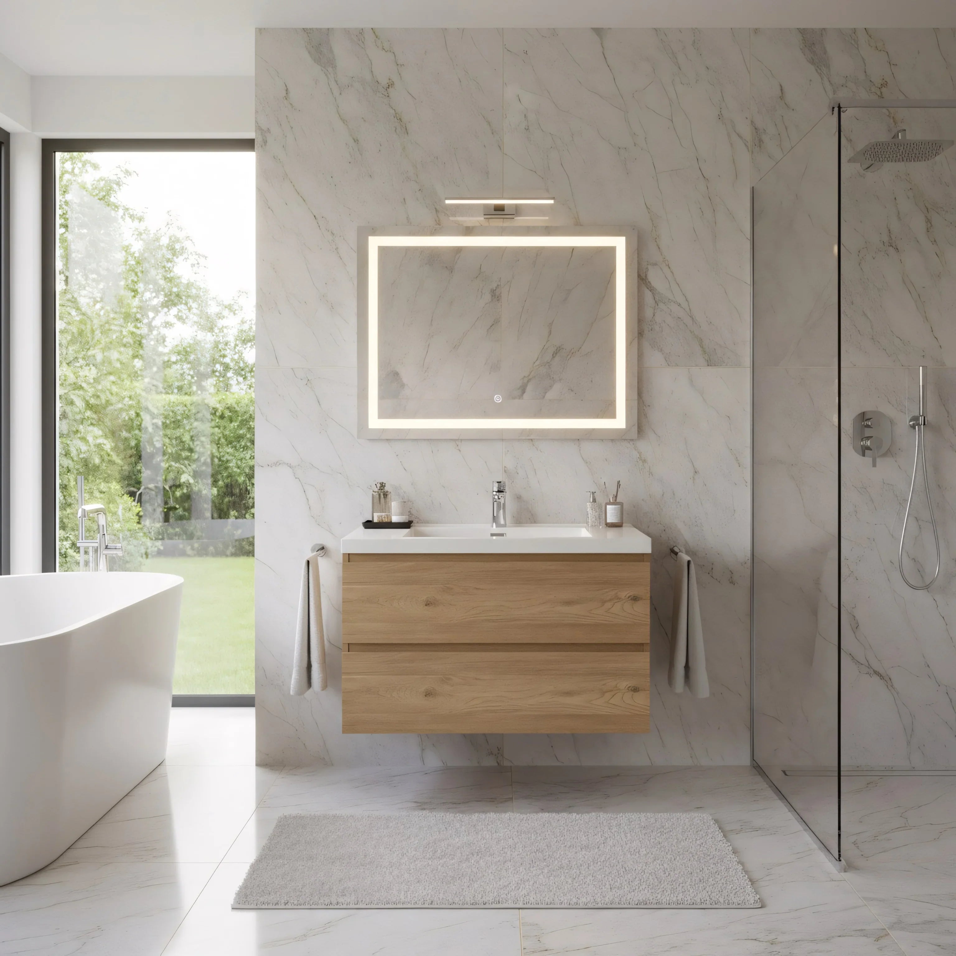 30" Rough Oak Wall Mount Bathroom Vanity with White Polymarble Countertop