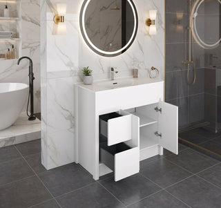 Meuble-Lavabo Autoportant 36po Blanc Mat avec Comptoir de Céramique Blanc