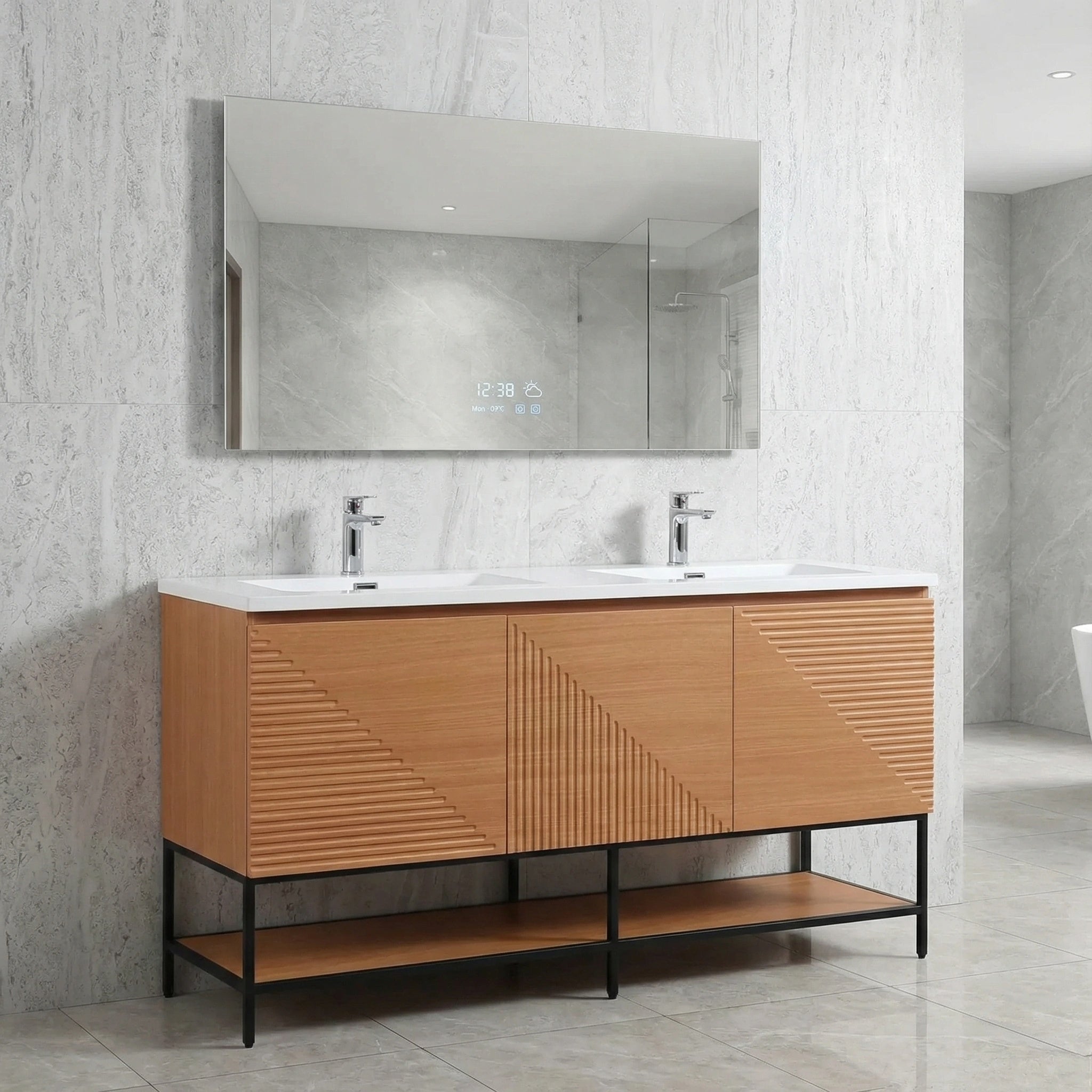 60" Light Oak Wall-Mounted Double Sink Bathroom Vanity with White Polymarble Countertop
