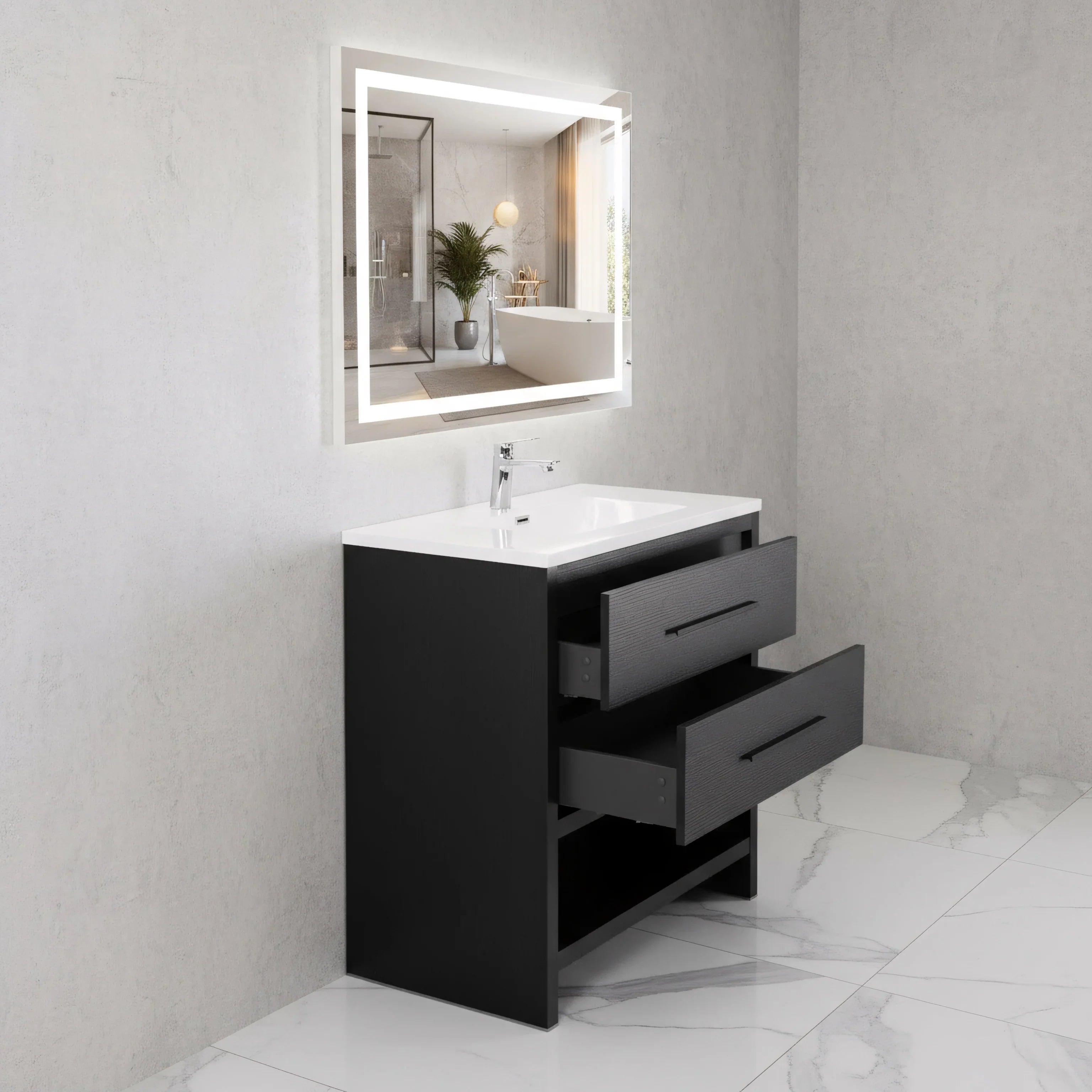 36" Black Rough Oak Freestanding Bathroom Vanity with White Polymarble Countertop