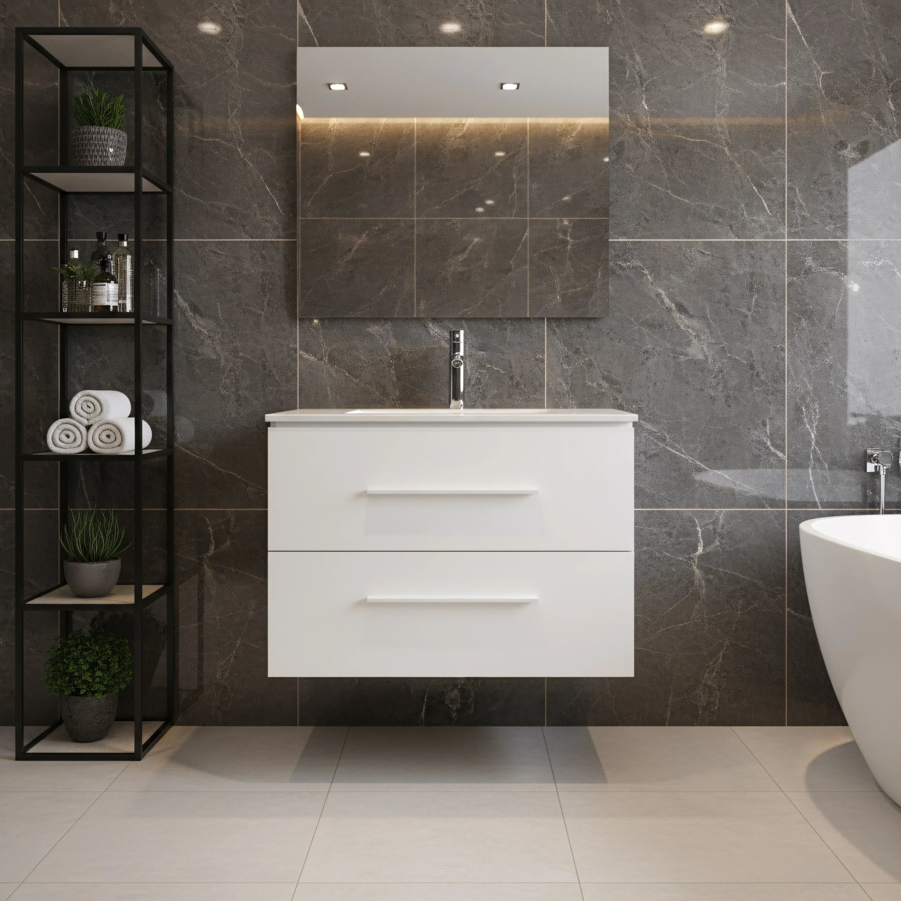 30" Matte White Wall Mount Bathroom Vanity with White Ceramic Countertop