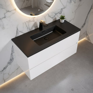 40" White Wall Mount Bathroom Vanity with Black Engineered Quartz Countertop