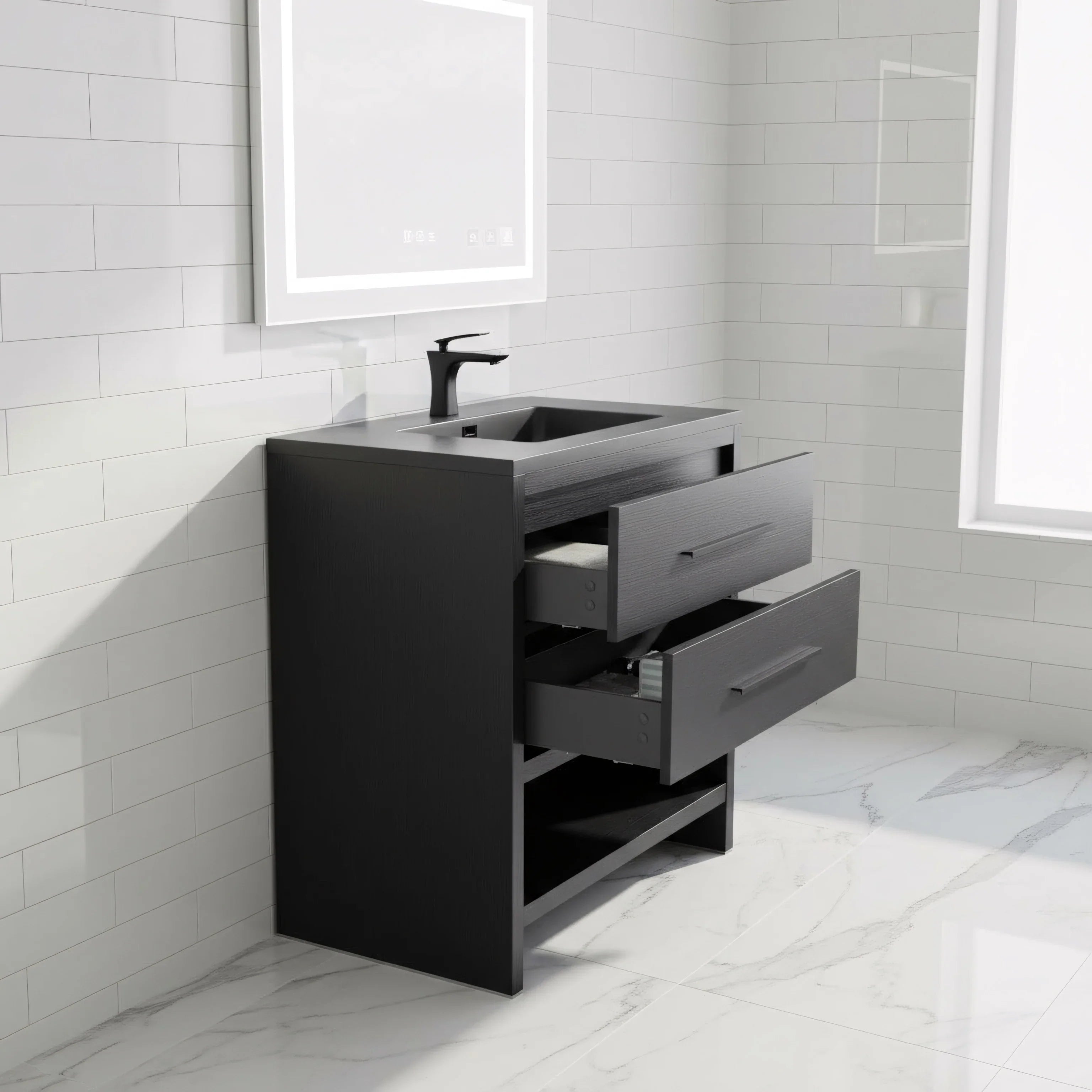 Meuble-Lavabo Autoportant 36po Chêne Brut Noir avec Comptoir de Quartz d'ingénierie Noir
