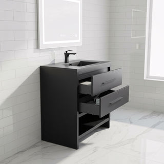 36" Black Rough Oak Freestanding Bathroom Vanity with Black Engineered Quartz Countertop
