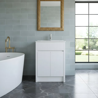 Meuble-Lavabo Autoportant 24po Chêne Blanc avec Comptoir de Céramique Blanc