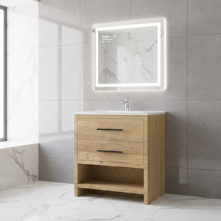 Meuble-lavabo autoportant en chêne brut de 30" avec Comptoir en polymarbre blanc