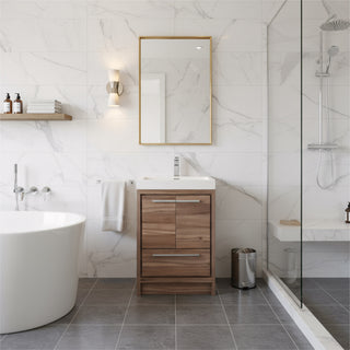 24" Walnut Freestanding Bathroom Vanity with White Polymarble Countertop