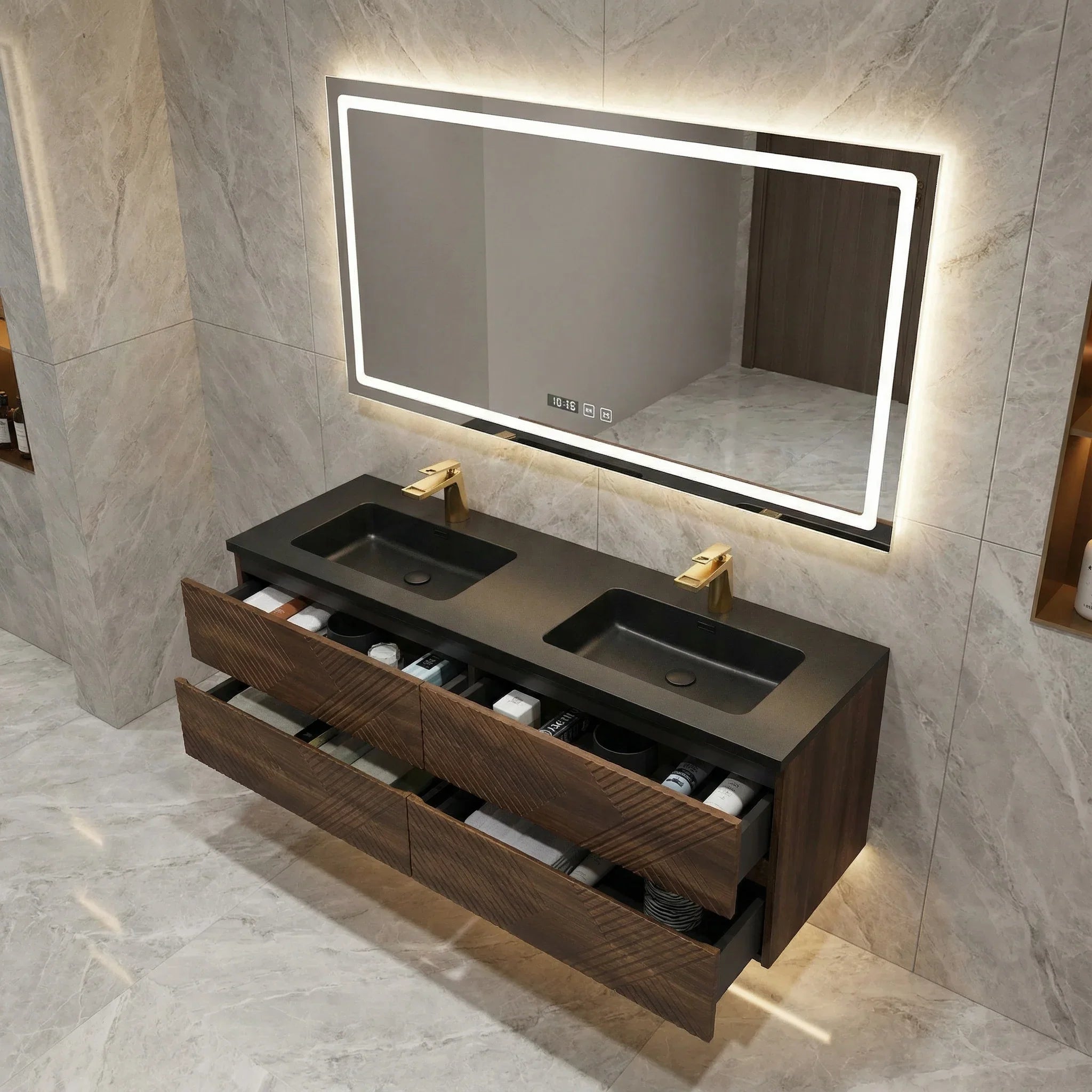 60" Walnut Wall Mount Double Sink Bathroom Vanity with Black Engineered Quartz Countertop