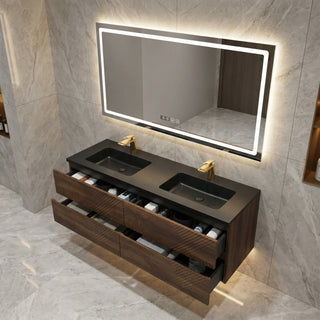Meuble-Lavabo Mural 60po Noyer avec Comptoir de Quartz d'ingénierie Noir