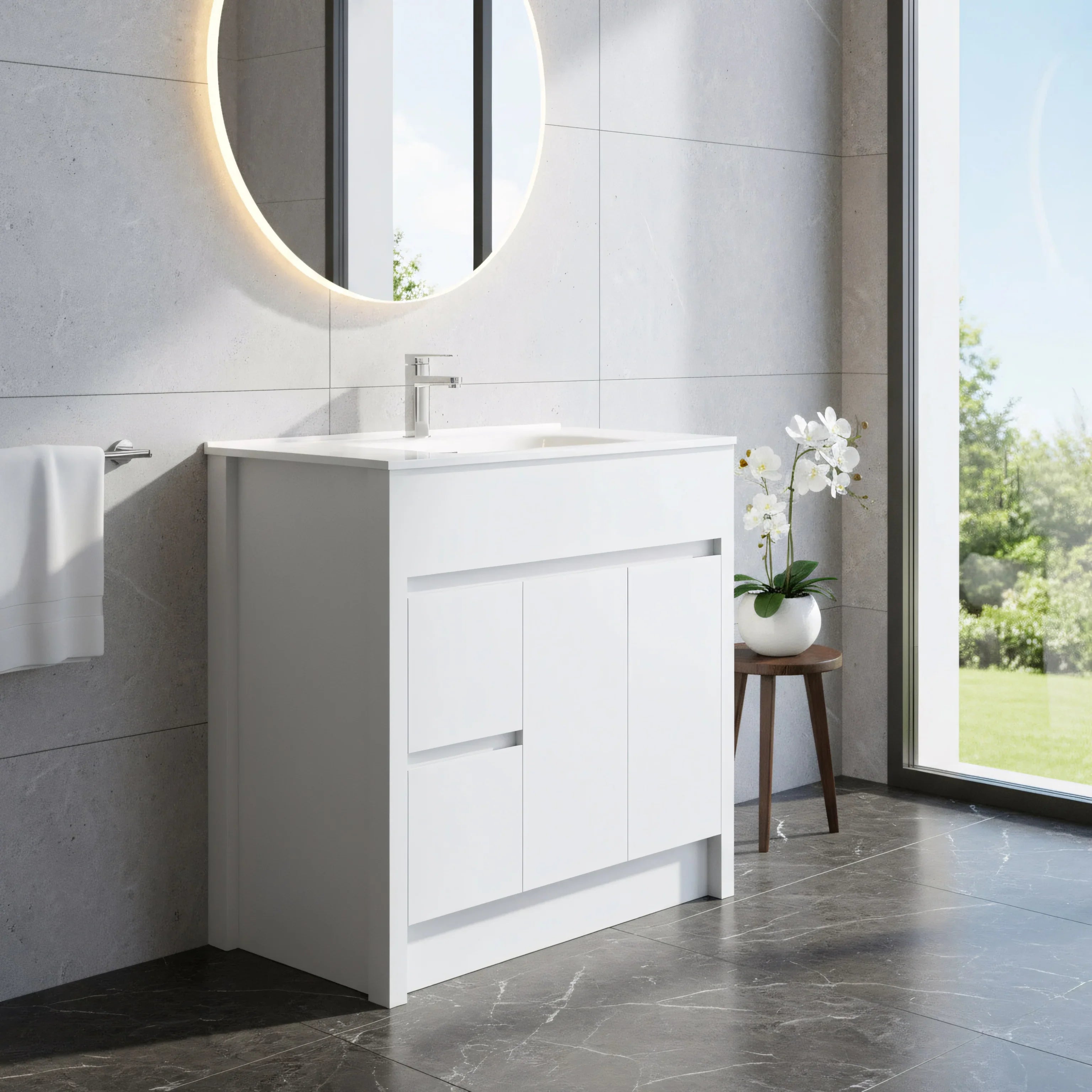 40" Matte White Freestanding Single Sink Bathroom Vanity with White Ceramic Countertop