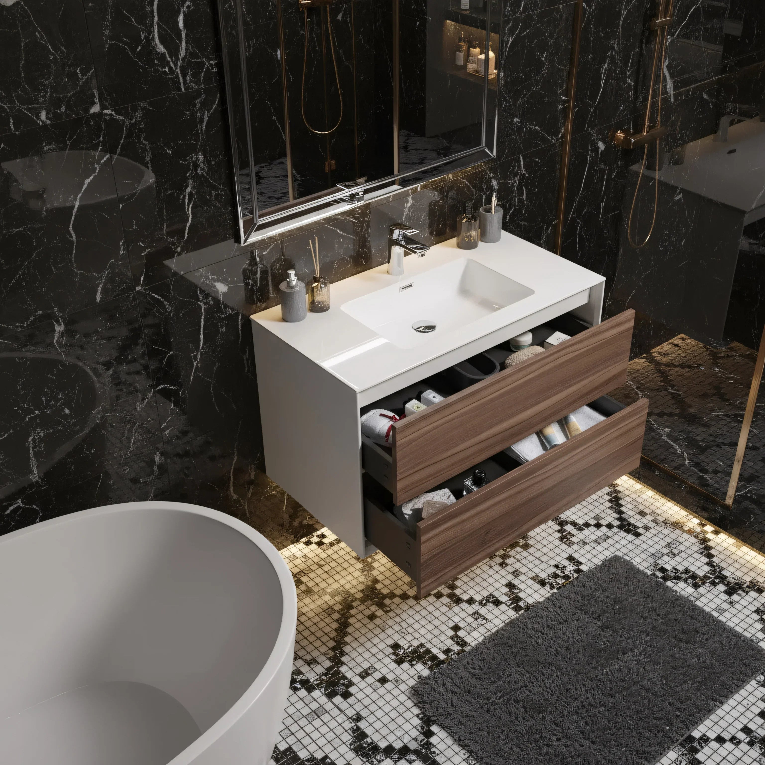 Meuble-lavabo mural en noyer de 36" avec Comptoir en polymarbre blanc