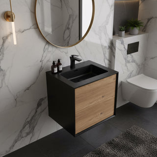 Meuble-Lavabo Mural 24po Noir et Chêne Brut avec Comptoir de Quartz d'ingénierie Noir 