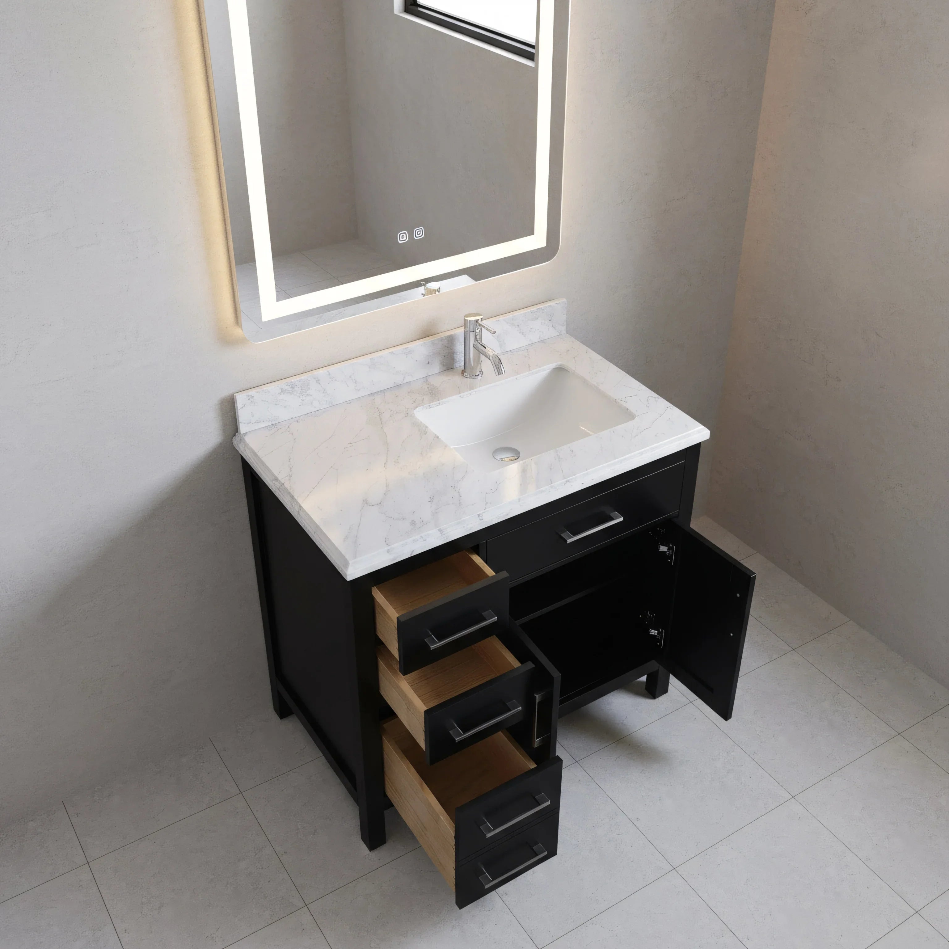 Meuble Lavabo Autoportant Noir 36po avec Comptoir en Marbre Carrera
