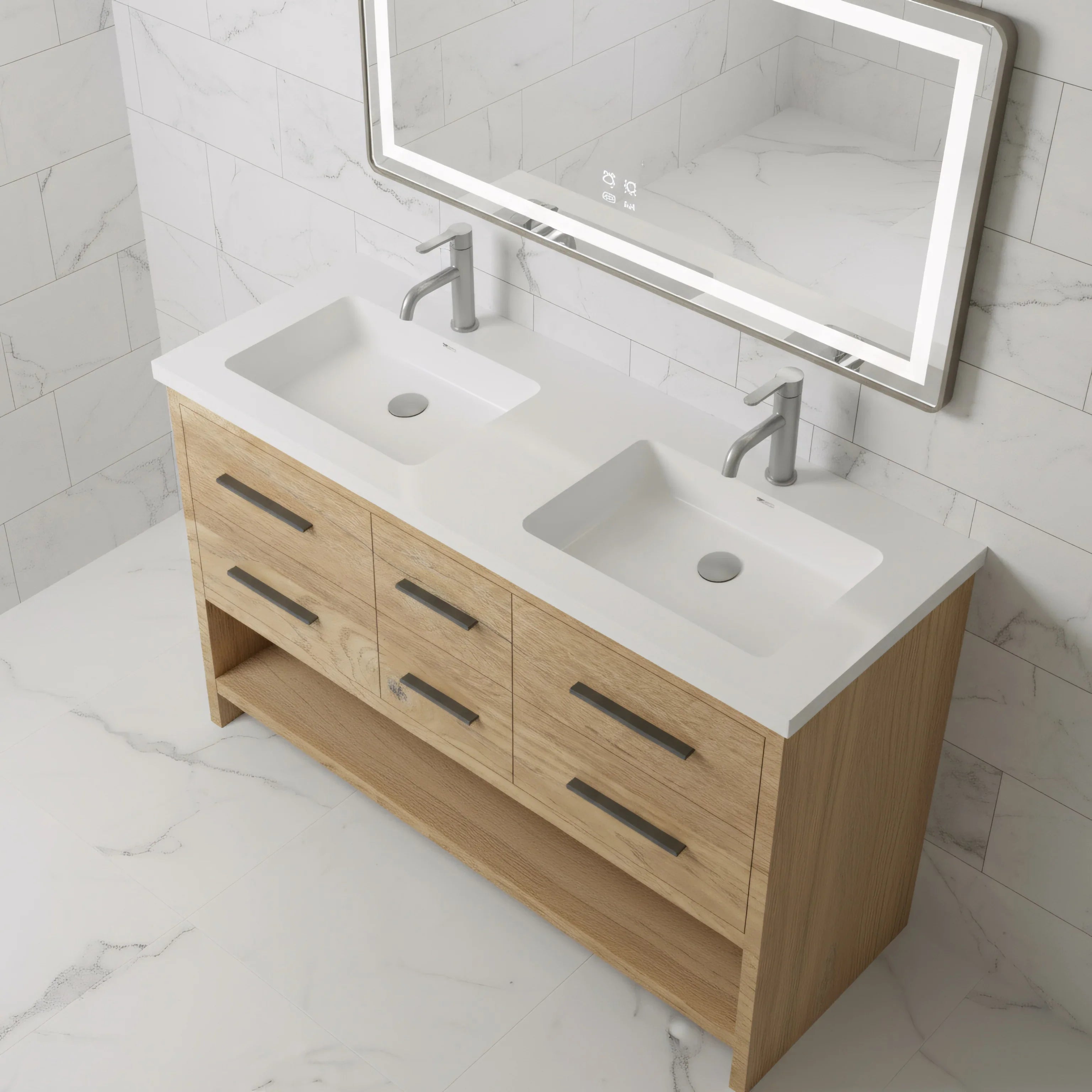 Meuble-Lavabo Autoportant 60po Chêne Brut avec Comptoir de Polymarbre Blanc