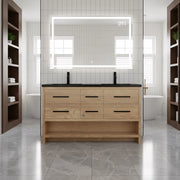 60" Rough Oak Freestanding Double Sink Bathroom Vanity with Black Engineered Quartz Countertop