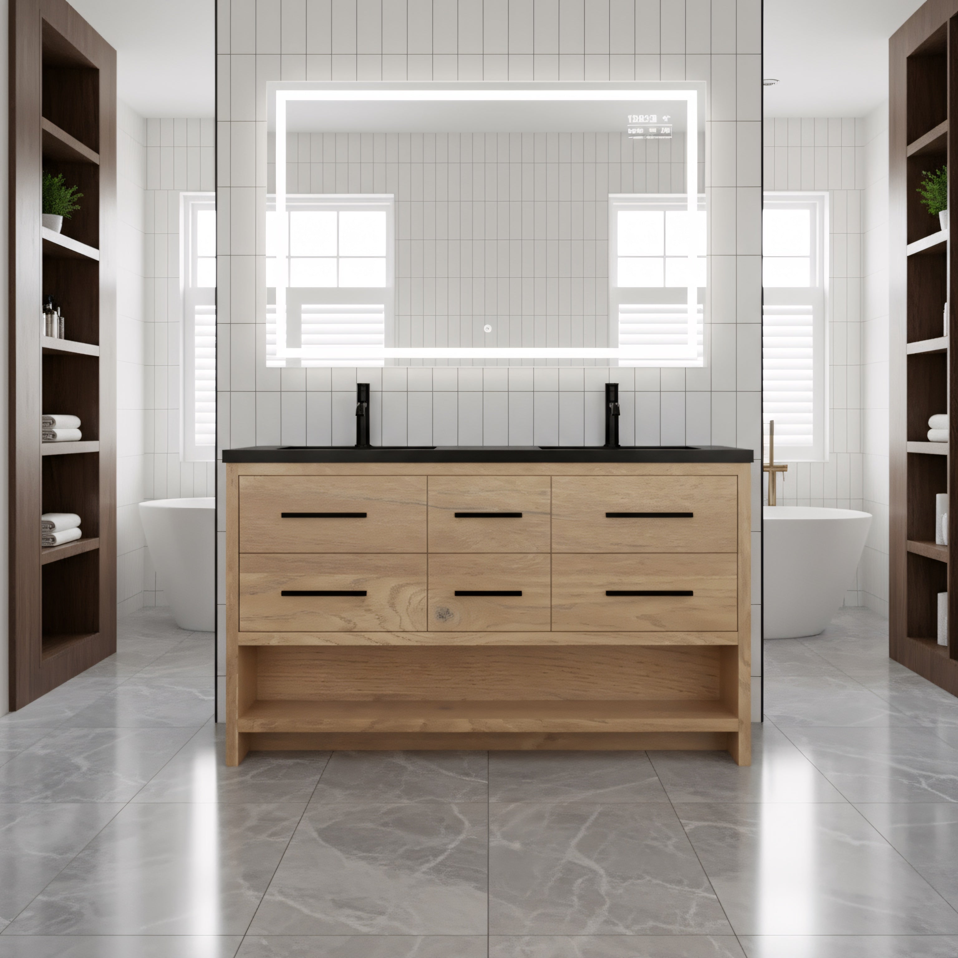 60" Rough Oak Freestanding Double Sink Bathroom Vanity with Black Engineered Quartz Countertop