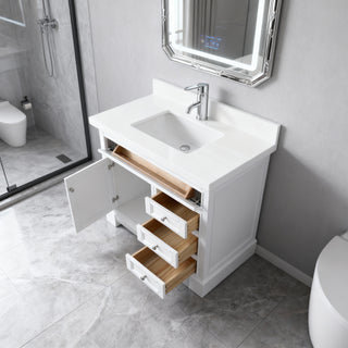 36" White Freestanding Single Sink Bathroom Vanity with Snow White Countertop